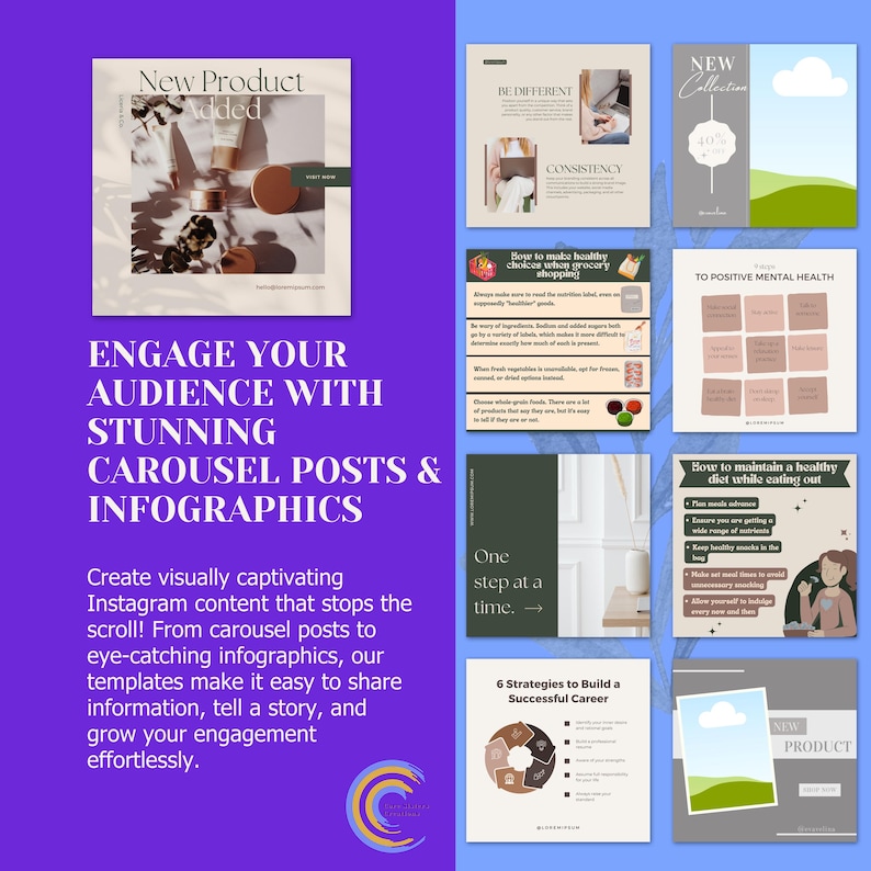 May include: A purple graphic with the text "Engage Your Audience With Stunning Carousel Posts & Infographics." The image includes examples of Instagram templates with text and product images. The templates are designed to share information and grow engagement.