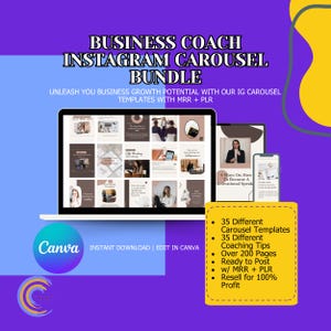 May include: A digital marketing bundle for business coaches, featuring Instagram carousel templates. The image shows a laptop, tablet, and phone displaying various templates. Includes coaching tips, ready-to-post content, and resell rights.