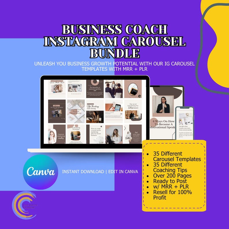 May include: A digital marketing bundle for business coaches, featuring Instagram carousel templates. The image shows a laptop, tablet, and phone displaying various templates. Includes coaching tips, ready-to-post content, and resell rights.
