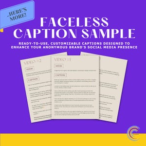 Pu&ograve; includere: Una grafica viola con il testo "FACELESS CAPTION SAMPLE" e "READY-TO-USE, CUSTOMIZABLE CAPTIONS DESIGNED TO ENHANCE YOUR ANONYMOUS BRAND'S SOCIAL MEDIA PRESENCE." Sono visibili tre fogli di carta con le parole "VIDEO #2" e "VIDEO #1".