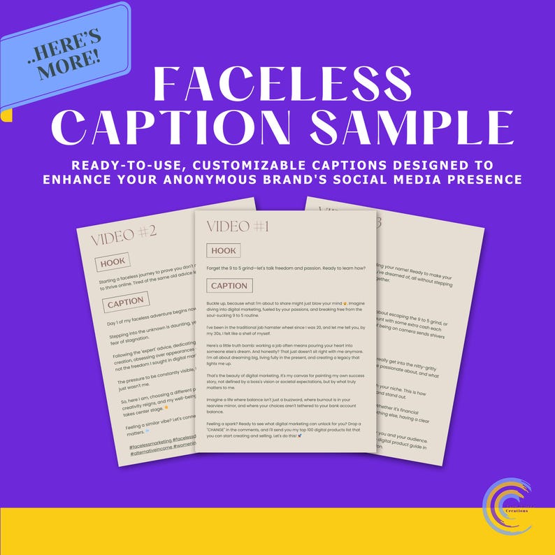 Pu&ograve; includere: Una grafica viola con il testo "FACELESS CAPTION SAMPLE" e "READY-TO-USE, CUSTOMIZABLE CAPTIONS DESIGNED TO ENHANCE YOUR ANONYMOUS BRAND'S SOCIAL MEDIA PRESENCE." Sono visibili tre fogli di carta con le parole "VIDEO #2" e "VIDEO #1".