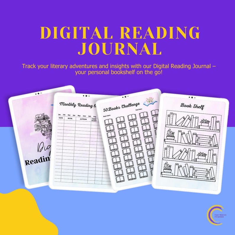 Op de afbeelding: Digitaal leesdagboek met vier digitale tablet-mockups. De tablets tonen verschillende leesdagboekpagina's, waaronder een bloemenontwerp, een maandelijks leeslogboek, een 50 boeken challenge en een boekenplankindeling. De achtergrond is paars en blauw.