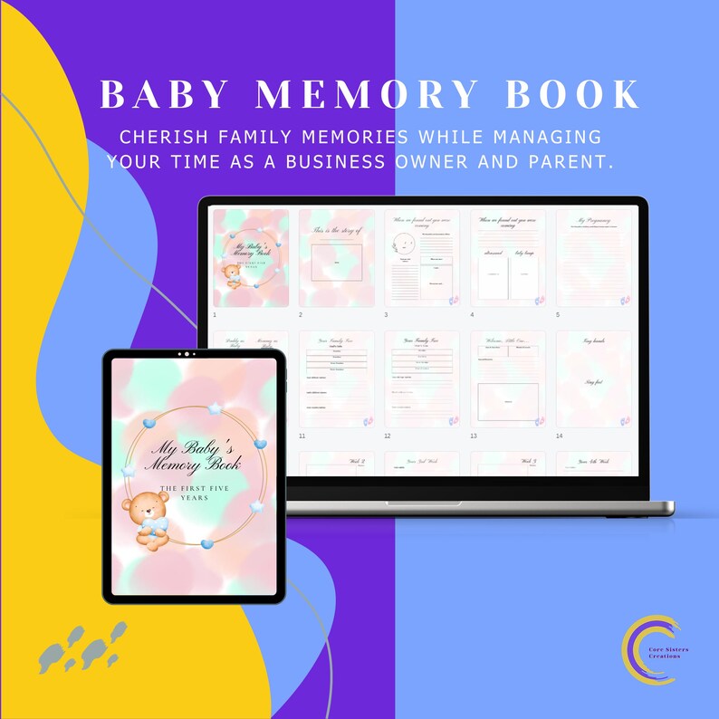 Puede incluir: Un libro de recuerdos para beb&eacute;s digital que se muestra en una tableta y una computadora port&aacute;til. La tableta muestra la portada con una ilustraci&oacute;n de oso de peluche y el texto "My Baby's Memory Book". El port&aacute;til muestra p&aacute;ginas interiores. El texto "BABY MEMORY BOOK" est&aacute; en la parte superior.