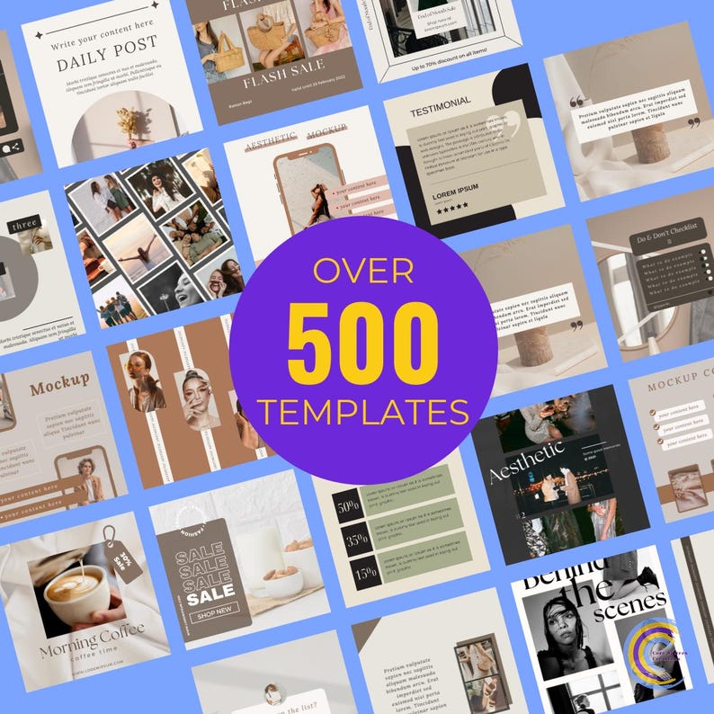 Peut inclure: Une collection de mod&egrave;les num&eacute;riques pour les r&eacute;seaux sociaux et le marketing, pr&eacute;sentant diverses mises en page avec du texte et des images. Un grand cercle violet au centre affiche le texte "OVER 500 TEMPLATES". Les mod&egrave;les sont dispos&eacute;s sur un fond bleu clair.