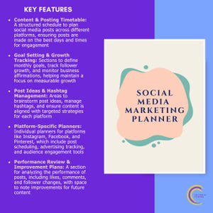 May include: A social media marketing planner with a peach-colored design and teal accents. The planner includes sections for content scheduling, goal setting, post ideas, and performance review. The text on the cover reads "Social Media Marketing Planner."