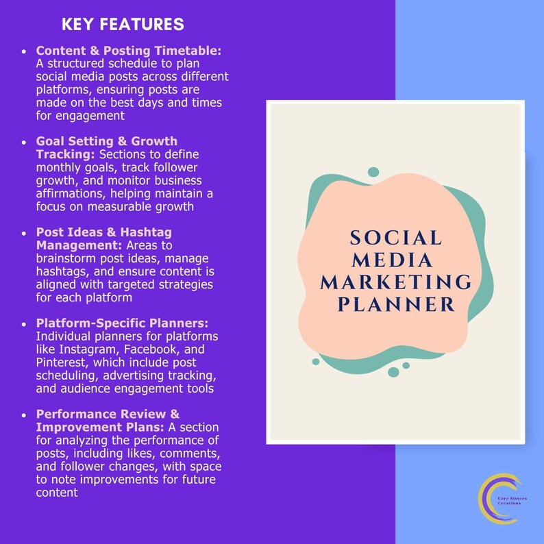 May include: A social media marketing planner with a peach-colored design and teal accents. The planner includes sections for content scheduling, goal setting, post ideas, and performance review. The text on the cover reads "Social Media Marketing Planner."