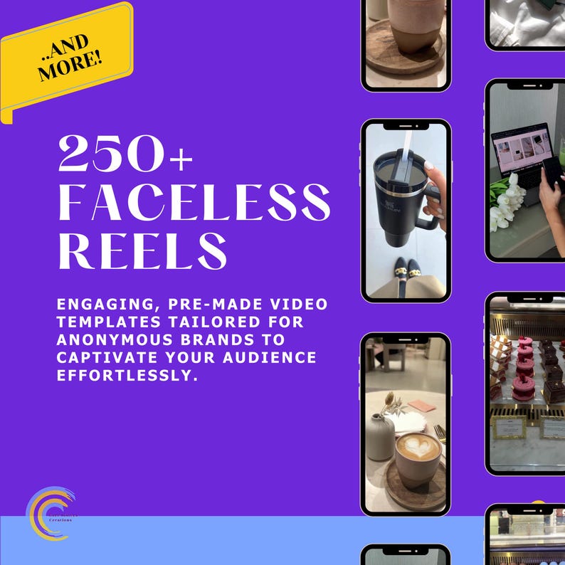Pu&ograve; includere: Grafica viola con il testo "250+ FACELESS REELS" e "ENGAGING, PRE-MADE VIDEO TEMPLATES TAILORED FOR ANONYMOUS BRANDS TO CAPTIVATE YOUR AUDIENCE EFFORTLESSLY." L'immagine include anche diversi schermi di smartphone.