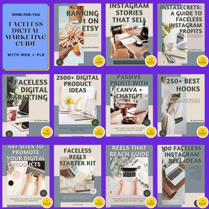Pu&ograve; includere: Una collezione di guide di marketing digitale con titoli come "Faceless Digital Marketing Guide" e "Instagram Stories That Sell". Ogni guida presenta un design di copertina unico con testo e conteggio delle pagine, promuovendo idee di prodotti digitali e marketing su Instagram.