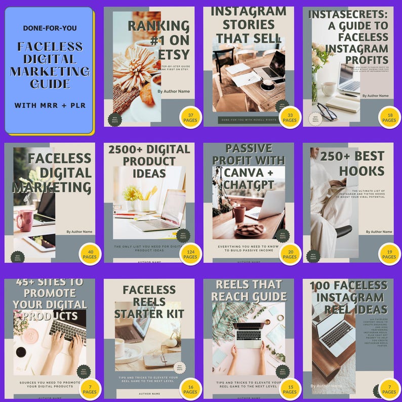 Pu&ograve; includere: Una collezione di guide di marketing digitale con titoli come "Faceless Digital Marketing Guide" e "Instagram Stories That Sell". Ogni guida presenta un design di copertina unico con testo e conteggio delle pagine, promuovendo idee di prodotti digitali e marketing su Instagram.