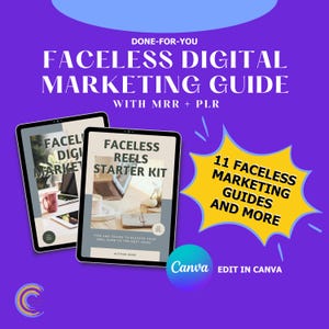 Pu&ograve; includere: Una guida di marketing digitale con il testo "FACELESS DIGITAL MARKETING GUIDE" e "FACELESS REELS STARTER KIT" su due tablet. L'immagine include anche il testo "11 FACELESS MARKETING GUIDES AND MORE" e "EDIT IN CANVA". Lo sfondo &egrave; viola.