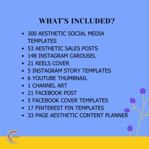 Peut inclure: Graphique bleu et jaune avec le texte &laquo;&nbsp;CE QUI EST INCLUS&nbsp;?&nbsp;&raquo; suivi d'une liste de mod&egrave;les de m&eacute;dias sociaux, dont 300 mod&egrave;les esth&eacute;tiques, 53 publications de vente et 148 carrousels Instagram.