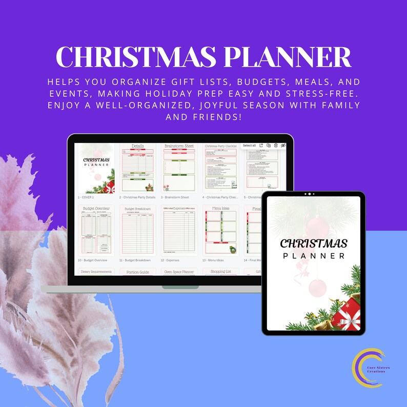 Puede incluir: Un port&aacute;til y una tableta muestran un planificador navide&ntilde;o. El port&aacute;til muestra varias p&aacute;ginas de planificaci&oacute;n, mientras que la tableta muestra la portada del planificador. El fondo es morado con el texto "CHRISTMAS PLANNER".