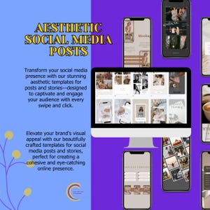 Peut inclure: Mod&egrave;les de publications de m&eacute;dias sociaux esth&eacute;tiques affich&eacute;s sur un &eacute;cran d'ordinateur et des smartphones. Le texte indique "Aesthetic Social Media Posts" et d&eacute;crit des mod&egrave;les pour les publications et les stories.