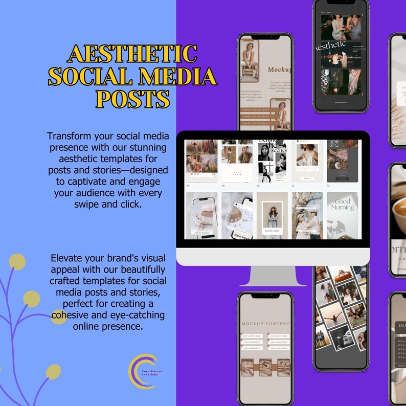 Peut inclure: Mod&egrave;les de publications de m&eacute;dias sociaux esth&eacute;tiques affich&eacute;s sur un &eacute;cran d'ordinateur et des smartphones. Le texte indique "Aesthetic Social Media Posts" et d&eacute;crit des mod&egrave;les pour les publications et les stories.