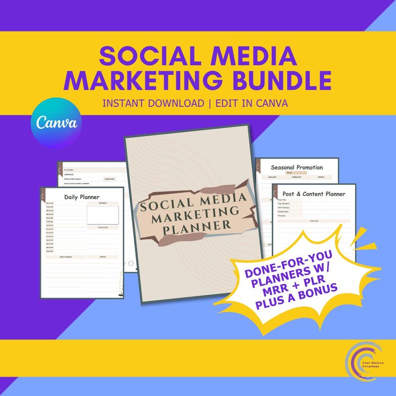 May include: A digital marketing bundle with a planner, daily planner, and post & content planner. The image includes the text "SOCIAL MEDIA MARKETING BUNDLE" and "INSTANT DOWNLOAD | EDIT IN CANVA". The bundle is designed for use with Canva.