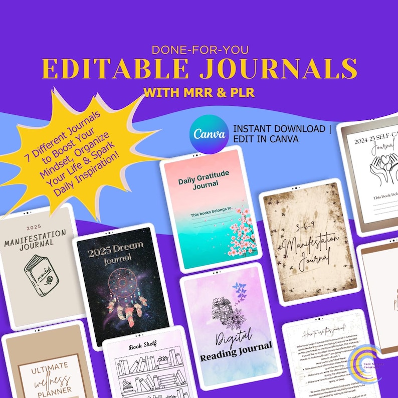 Op de afbeelding: Een promotieafbeelding voor bewerkbare digitale journals, met verschillende journalcovers met titels als "Daily Gratitude Journal" en "2025 Dream Journal". De journals zijn ontworpen om de mindset te verbeteren en het leven te organiseren. De tekst "EDITABLE JOURNALS" en "INSTANT DOWNLOAD | EDIT IN CANVA" is inbegrepen.