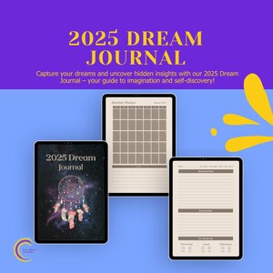 Op de afbeelding: Drie digitale tablets met een 2025 Dream Journal. De tablets tonen een maandplanner, een droomdagboekpagina en een omslag met een dromenvangerontwerp. De achtergrond is blauw met gele accenten en de tekst "2025 Dream Journal".