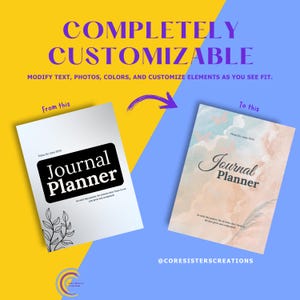 K&ouml;nnte beinhalten: Das Bild zeigt zwei Journal-Planer-Designs. Das linke Journal ist schwarz-wei&szlig; mit dem Text "Journal Planner". Das rechte Journal ist pastellfarben mit dem Text "Journal Planner". Der Text "Completely Customizable" steht oben.