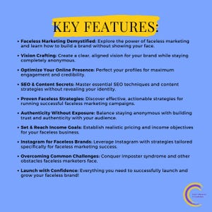 Puede incluir: Gr&aacute;fico azul con texto amarillo que dice "KEY FEATURES". El texto enumera aspectos clave del marketing sin rostro, como la optimizaci&oacute;n de la presencia en l&iacute;nea y las estrategias SEO. Un logotipo est&aacute; en la esquina inferior derecha.