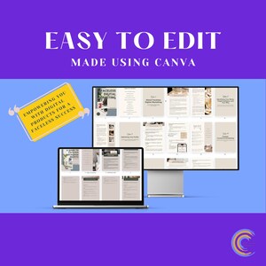Pu&ograve; includere: Un laptop e un monitor mostrano una guida di marketing digitale con il testo "EASY TO EDIT MADE USING CANVA". Un'etichetta gialla recita "EMPOWERING YOU WITH DIGITAL PRODUCTS FOR A FACELESS SUCCESS". Lo sfondo &egrave; blu e viola.