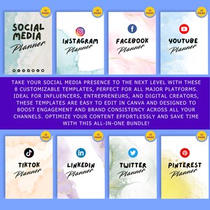 K&ouml;nnte beinhalten: Ein Bundle von acht Social-Media-Planern, jeweils mit einem einzigartigen Design und Plattformlogo. Die Planer umfassen Instagram, Facebook, YouTube, TikTok, LinkedIn, Twitter und Pinterest. Der Social-Media-Planer hat 56 Seiten.