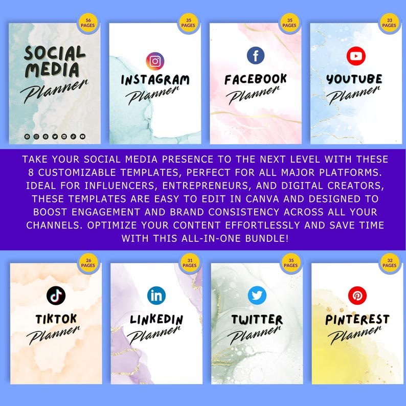 K&ouml;nnte beinhalten: Ein Bundle von acht Social-Media-Planern, jeweils mit einem einzigartigen Design und Plattformlogo. Die Planer umfassen Instagram, Facebook, YouTube, TikTok, LinkedIn, Twitter und Pinterest. Der Social-Media-Planer hat 56 Seiten.