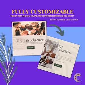 May include: A promotional graphic with the text "FULLY CUSTOMIZABLE" and "MODIFY TEXT, PHOTOS, COLORS, AND CUSTOMIZE ELEMENTS AS YOU SEE FIT." Two brochures are displayed, one with makeup products and the other with cosmetic items. The text "The Introduction" is featured.