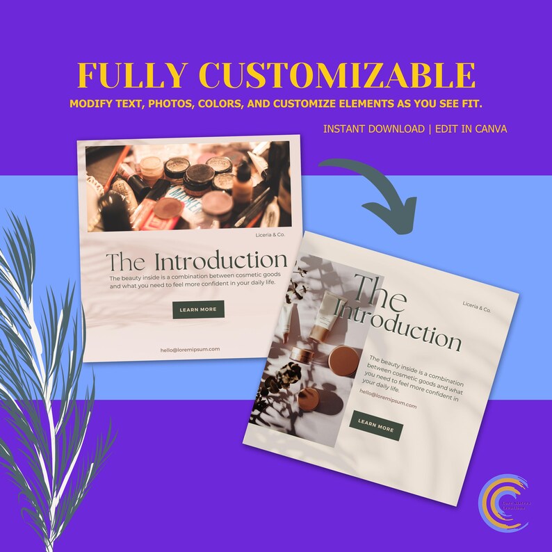 May include: A promotional graphic with the text "FULLY CUSTOMIZABLE" and "MODIFY TEXT, PHOTOS, COLORS, AND CUSTOMIZE ELEMENTS AS YOU SEE FIT." Two brochures are displayed, one with makeup products and the other with cosmetic items. The text "The Introduction" is featured.