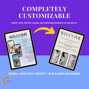 Puede incluir: Dos tabletas digitales con la palabra "WELCOME" en la pantalla, sobre un fondo morado. Las tabletas muestran texto e im&aacute;genes, con una flecha amarilla que las conecta. El texto "COMPLETAMENTE PERSONALIZABLE" est&aacute; en la parte superior. El texto inferior dice "REVENTA PARA EL 100% DE BENEFICIO".