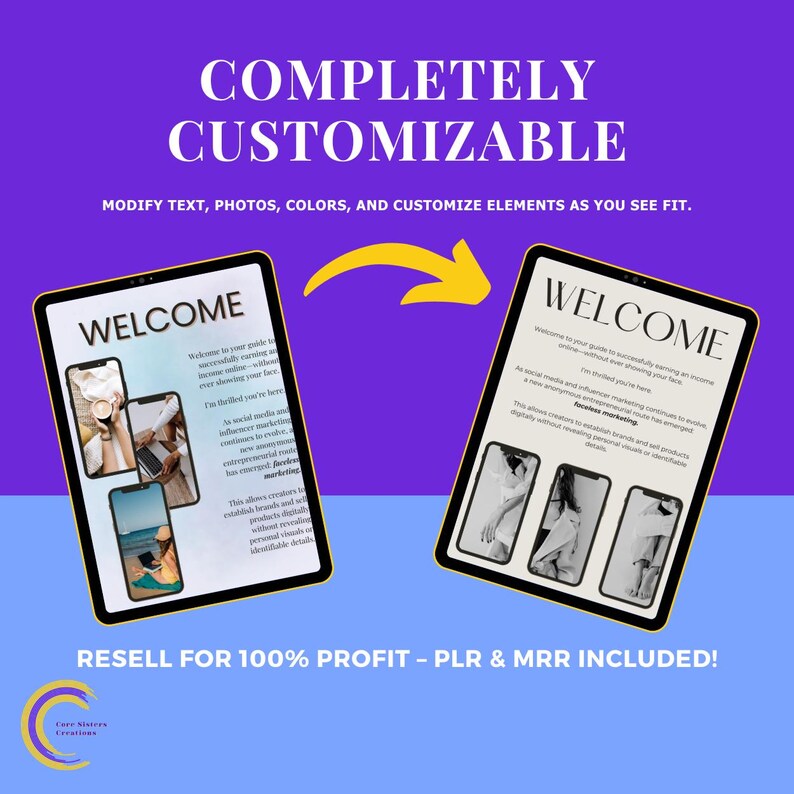 Puede incluir: Dos tabletas digitales con la palabra "WELCOME" en la pantalla, sobre un fondo morado. Las tabletas muestran texto e im&aacute;genes, con una flecha amarilla que las conecta. El texto "COMPLETAMENTE PERSONALIZABLE" est&aacute; en la parte superior. El texto inferior dice "REVENTA PARA EL 100% DE BENEFICIO".