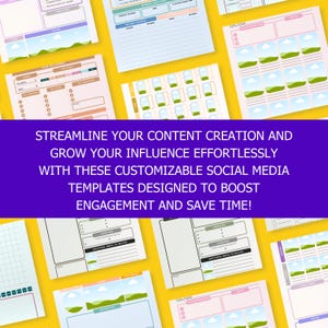 K&ouml;nnte beinhalten: Eine Sammlung farbenfroher Social-Media-Vorlagen auf gelbem Hintergrund. Die Vorlagen sollen das Engagement steigern und Zeit sparen. Text auf einem lila Banner lautet: "STREAMLINE YOUR CONTENT CREATION AND GROW YOUR INFLUENCE EFFORTLESSLY WITH THESE CUSTOMIZABLE SOCIAL MEDIA TEMPLATES DESIGNED TO BOOST ENGAGEMENT AND SAVE TIME!"