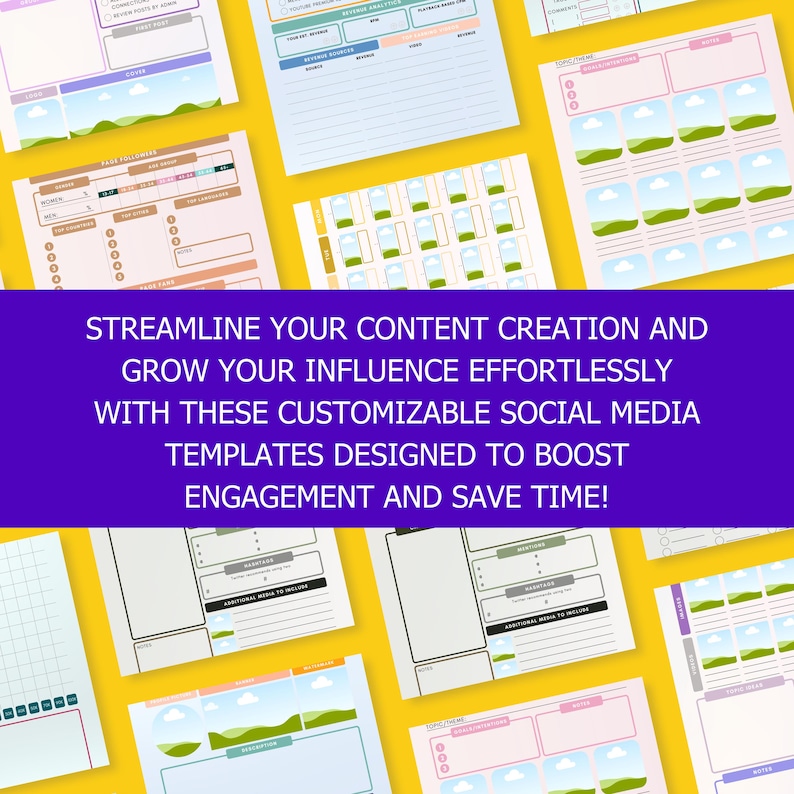 K&ouml;nnte beinhalten: Eine Sammlung farbenfroher Social-Media-Vorlagen auf gelbem Hintergrund. Die Vorlagen sollen das Engagement steigern und Zeit sparen. Text auf einem lila Banner lautet: "STREAMLINE YOUR CONTENT CREATION AND GROW YOUR INFLUENCE EFFORTLESSLY WITH THESE CUSTOMIZABLE SOCIAL MEDIA TEMPLATES DESIGNED TO BOOST ENGAGEMENT AND SAVE TIME!"