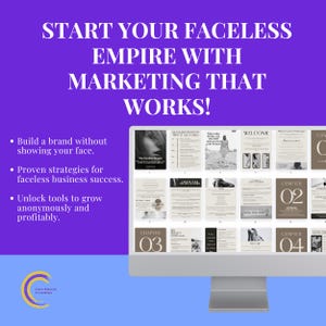 Puede incluir: Un monitor de computadora muestra una presentaci&oacute;n con el texto "START YOUR FACELESS EMPIRE WITH MARKETING THAT WORKS!". La presentaci&oacute;n incluye vi&ntilde;etas y varios dise&ntilde;os de p&aacute;gina. El fondo es morado y azul.