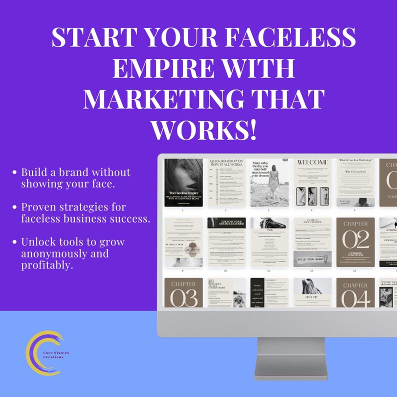 Puede incluir: Un monitor de computadora muestra una presentaci&oacute;n con el texto "START YOUR FACELESS EMPIRE WITH MARKETING THAT WORKS!". La presentaci&oacute;n incluye vi&ntilde;etas y varios dise&ntilde;os de p&aacute;gina. El fondo es morado y azul.