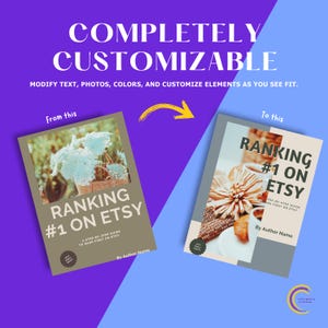 Pu&ograve; includere: Immagine di due copertine di libri con il titolo "RANKING #1 ON ETSY". La copertina a sinistra mostra fiori, quella a destra caff&egrave; e pasticceria. Il testo "COMPLETELY CUSTOMIZABLE" &egrave; in alto, con istruzioni di modifica.