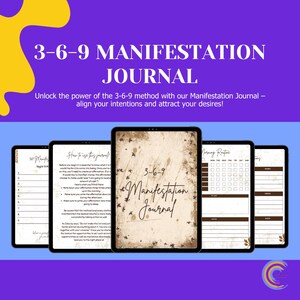 Op de afbeelding: Een digitaal manifestatiejournaal met de tekst "3-6-9 MANIFESTATION JOURNAL" op een paarse achtergrond. De journaalpagina's bevatten prompts en een ochtendroutine-checklist. Het journaal is ontworpen om gebruikers te helpen intenties af te stemmen.