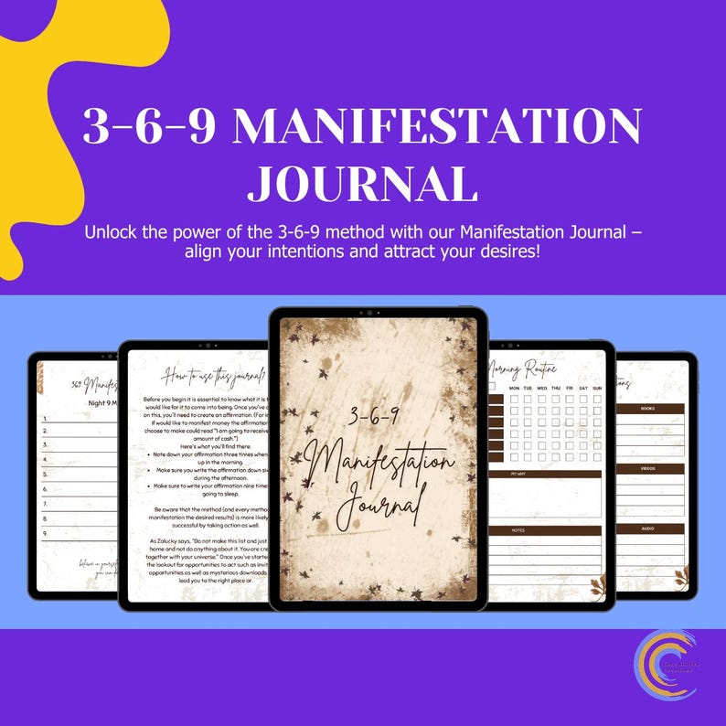 Op de afbeelding: Een digitaal manifestatiejournaal met de tekst "3-6-9 MANIFESTATION JOURNAL" op een paarse achtergrond. De journaalpagina's bevatten prompts en een ochtendroutine-checklist. Het journaal is ontworpen om gebruikers te helpen intenties af te stemmen.