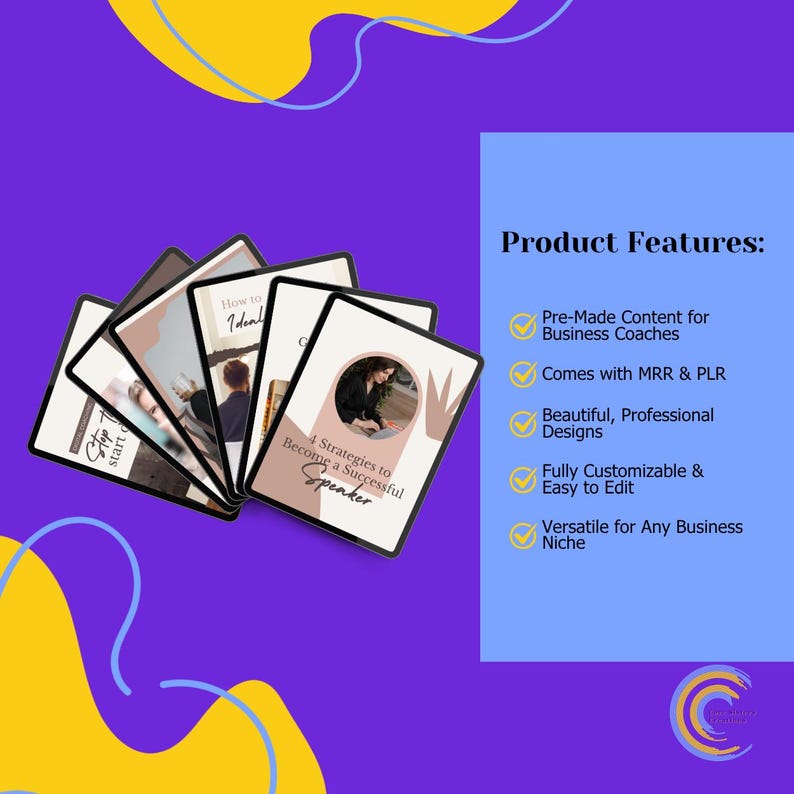 May include: A stack of digital cards with various titles, including "Stop Start" and "How to Ideal." The cards are displayed against a purple background with yellow and blue abstract shapes. The text "Product Features" is visible, along with bullet points.