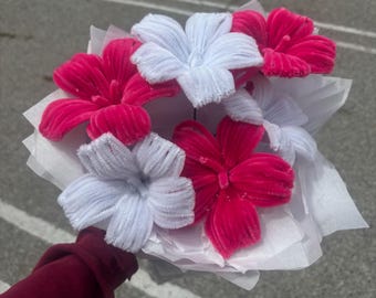 Pink & White Hibiscus Pipe Cleaner Flowers | Handmade Bouquet | Forever Flowers Gift