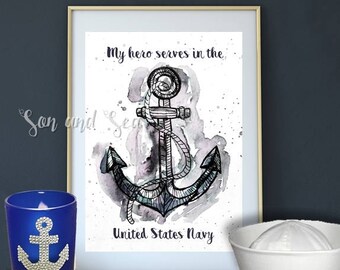 my hero serves in the Navy watercolor print instant digital download 5 x 7 You Print