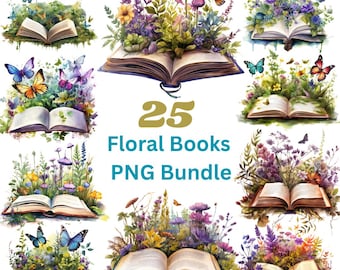 Old Floral Books Clipart Bundle, Wildflowers Books Lover, Books Designs, Wildflower Books Watercolor Clipart Bundle, Cottagecore Book Stack