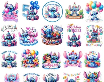 Stitch Birthday PNG Bundle, Cartoon Alien Party Clipart (Digital Download)