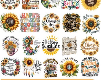 Sunflower PNG Bundle, Retro Boho Floral Quotes (Digital Download)