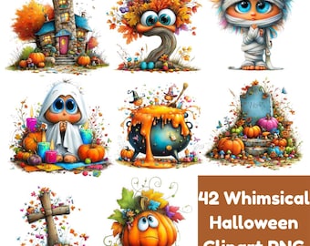 Whimsical Halloween Clipart PNG Bundle, Cute Halloween PNG, Watercolor Pumpkin Ghost Clipart, Spooky Autumn Graphics, Halloween Sublimation,