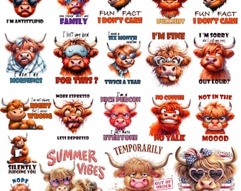 Funny Highland Cow Shirt PNGs Bundle, Funny Sarcastic Shirt PNG Bundle, Funny Sassy Highland cow Cow Shirt Design Bundle, Sarcastic Cow Png