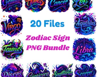 Zodiac PNG Bundle, Airbrushed Horoscope Astrology Designs (Instant Download)