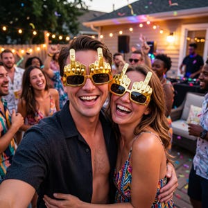 May include: A smiling couple wear gold-coloured sunglasses shaped like hands with the middle finger raised. They are at an outdoor party with other people, string lights, and confetti.