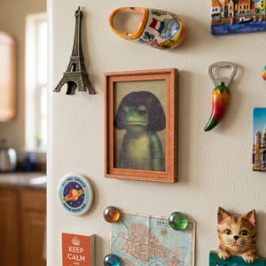 Puede incluir: Una colección de imanes para nevera, que incluye una miniatura de la Torre Eiffel, un retrato de rana enmarcado, un zueco holandés, un abrebotellas con forma de chile y una figura de gato. Otros imanes incluyen un botón con el texto "Retro Space" y un mapa.
