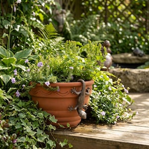 Puede incluir: Una maceta de color terracota llena de plantas verdes y flores moradas. Un lagarto de bronce decora el lateral de la maceta. La maceta está sobre una terraza de madera rodeada de exuberante vegetación, creando una escena de jardín natural.