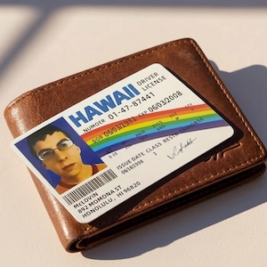 Könnte beinhalten: Eine braune Ledergeldbörse mit einem hawaiianischen Führerschein darauf. Der Führerschein zeigt ein Foto einer Person mit Brille und dem Namen "MCLOVIN". Der Führerschein hat ein Regenbogen-Design und verschiedene Details.